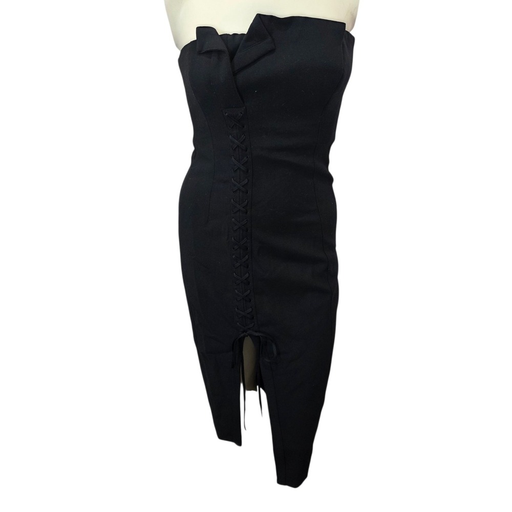 Cinq à Sept Strapless Black Midi Dress Lace Up Slit Cocktail Bodycon Size 6